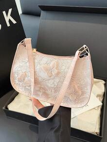 Women's Lace Crescent Moon Shoulder Bag With Butterfly Design, Armpit Bag - Baby Pink - View 10