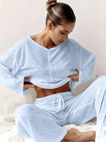 Ladies' Pajama SetSolid Color Semi-Transparent Fabric, Round-Neck, Long-Sleeved, Lace-Up, Straight Long Pants Set, Suitable For Wearing Home Wear And Pajamas - Blue - View 3