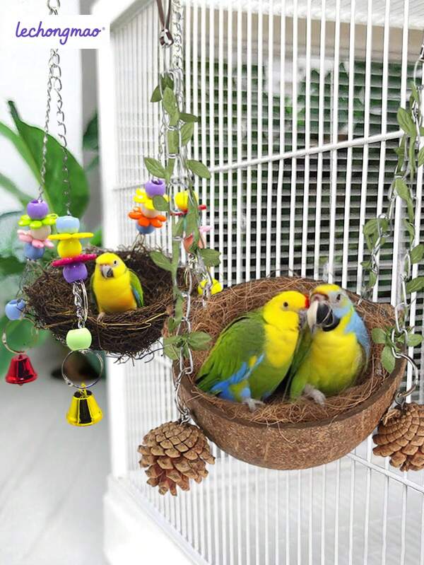 1pc Natural Coconut Shell Bird Nest, Hanging Hammock Style Bird Swing, Comfortable Bird Cage Decor, Suitable For Various Bird Cages, Breeding & Interaction Use