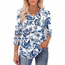XIEERDUO 3/4 Length Sleeve Womens Tops Dressy Casual Blouses For Women 2025  V Neck T Shirts Summer Clothes - Z 白色印花 - 查看 2