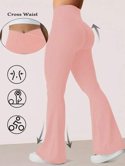 RUNONWHEELS 5 高腰喇叭裤日常健身运动紧身裤，女式提臀瑜伽紧身裤，女式高腰交叉设计喇叭紧身裤