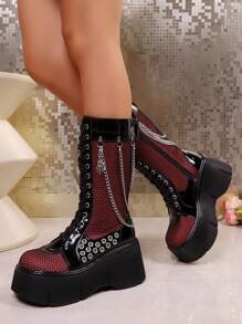 1 Pair Contrast Color Gothic Y2K Punk Street Nightclub Side Zipper Lace-Up Metal Chain Mid-Calf Boots