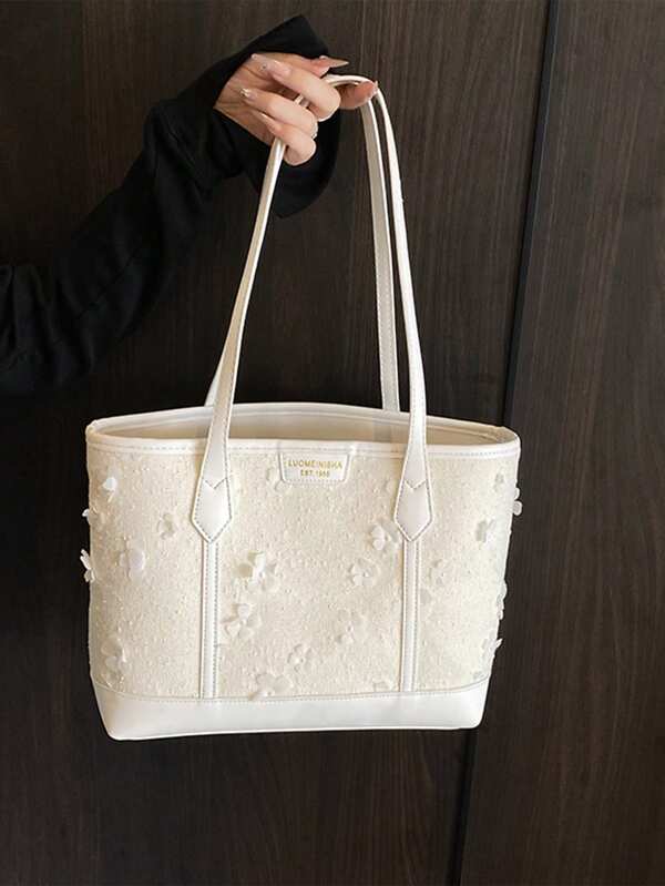 1 pieza Bolsa de tote de PU con patrón floral bordado de moda, nicho de alta gama, adecuado para ir al trabajo, viajes, salidas diarias, regreso a la escuela, regalo para citas, bolso de hombro versátil y de gran capacidad para mujeres