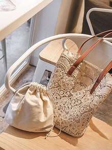 优雅的花卉蕾丝手提包和小号抽绳化妆包，旅行沙滩包，可爱的钱包，别致的单肩和腕部手提包，带磁扣，复杂的编织设计，可折叠设计，涤纶，非常适合购物、旅行、海滩和日常工作、通勤、购物