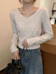 2025 新款 V 领长袖修身 T 恤，女士分层上衣，春秋季
