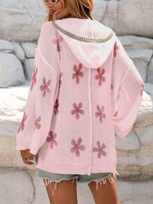 Plus Size Casual Loose Floral Print Hooded Pullover Sweater, For Winter - Pink - View 3