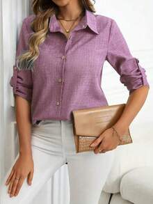 女士经典纯色单排扣休闲衬衫，时尚宽松长袖衬衫，适合春夏季