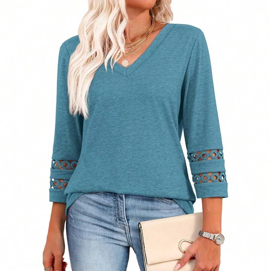 XIEERDUO 3/4 Length Sleeve Womens Tops Dressy Casual Blouses For Women 2025 V Neck T Shirts Summer Clothes - Turquoise - View 1