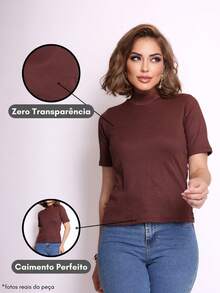 Kit 2 Blusas Feminina Gola Alta Manga Longa e Manga Curta Moda Elegante Ribana - Marrom - Visão 8