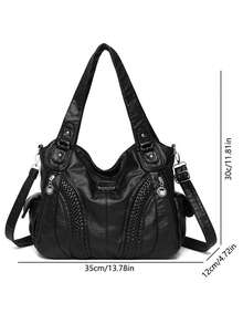 奢华高品质软皮手提包设计师复古斜挎包女士大容量单肩邮差包 - 黑色 - 查看 4