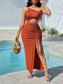 Las mujeres de cuatro lados de tela elástica de poliéster halter vestido de hombro slash, las mujeres sexy y elegante halter, la tela es cómoda y suave agradable a la piel y transpirable, vestido de las mujeres dividida. - Marrón - Ver 1