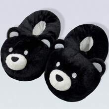 Pantuflas cálidas y antideslizantes con bordado negro, cobertura total del pie y diseño de oso para mujer para el hogar