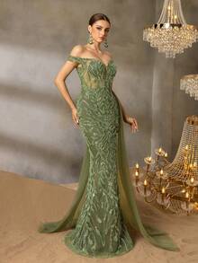 Faeriesty 高级奢华亮片串珠露肩鱼尾晚礼服 - 植物纹理和叶状串珠图案，高开衩设计搭配薄纱罩层，交叉露背设计，适合奢华派对、正式晚宴、红毯盛会等场合，尽显优雅气质。 - 橄欖綠 - 查看 7
