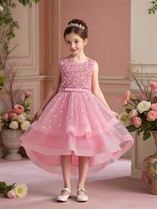 Young Girls Sleeveless Round Neck Sequin Bow Tulle Trailing Puffy Dress, Elegant For Weddings & Parties, Excluding Headband - Dusty Pink - View 4