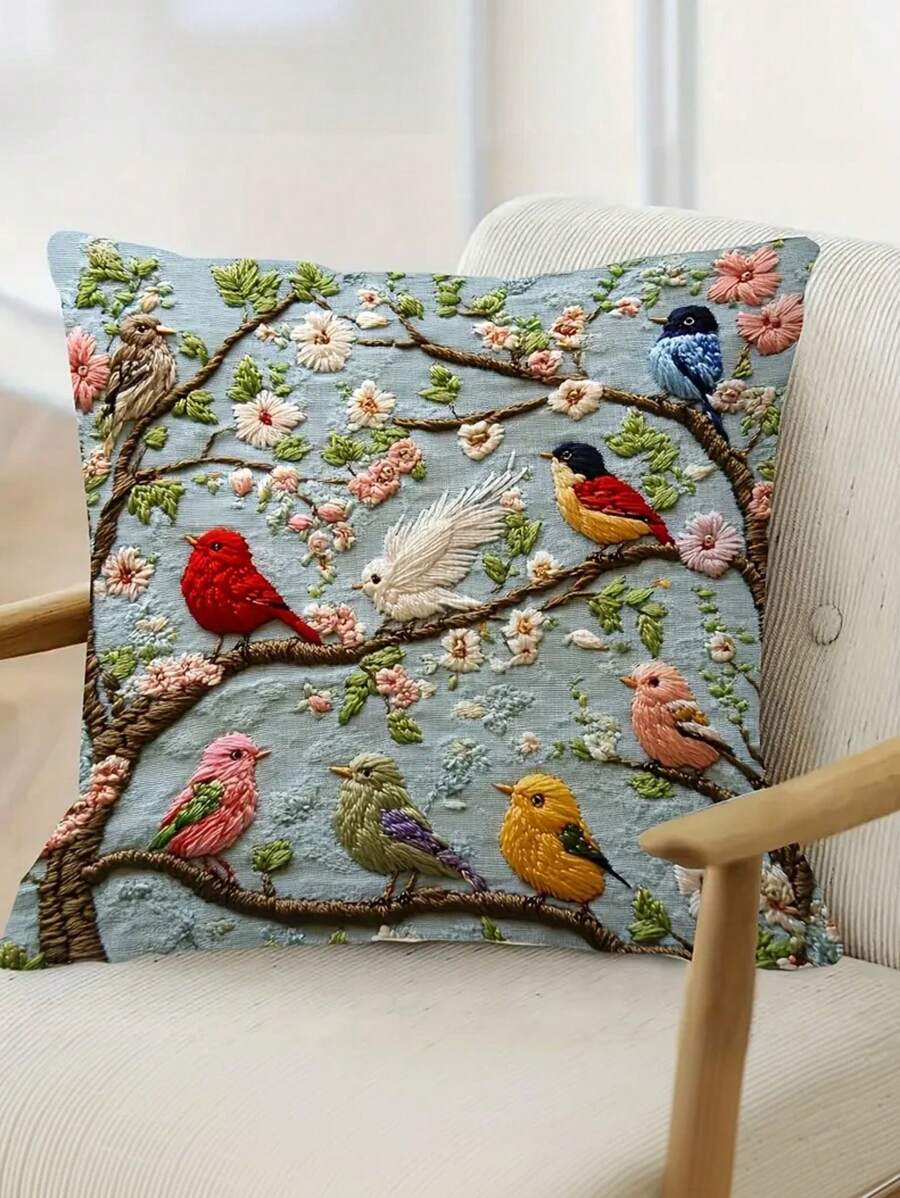 1/2/4 piezas Funda de almohada decorativa suave y mullida con diseño de pájaro y floral de primavera en 2D | Bordado no real, fondo azul claro, 100% poliéster, lavable a máquina, cierre con cremallera, diseño vibrante de pájaro y flor (relleno no incluido), decoración de otoño, decoración de otoño, decoración de habitación