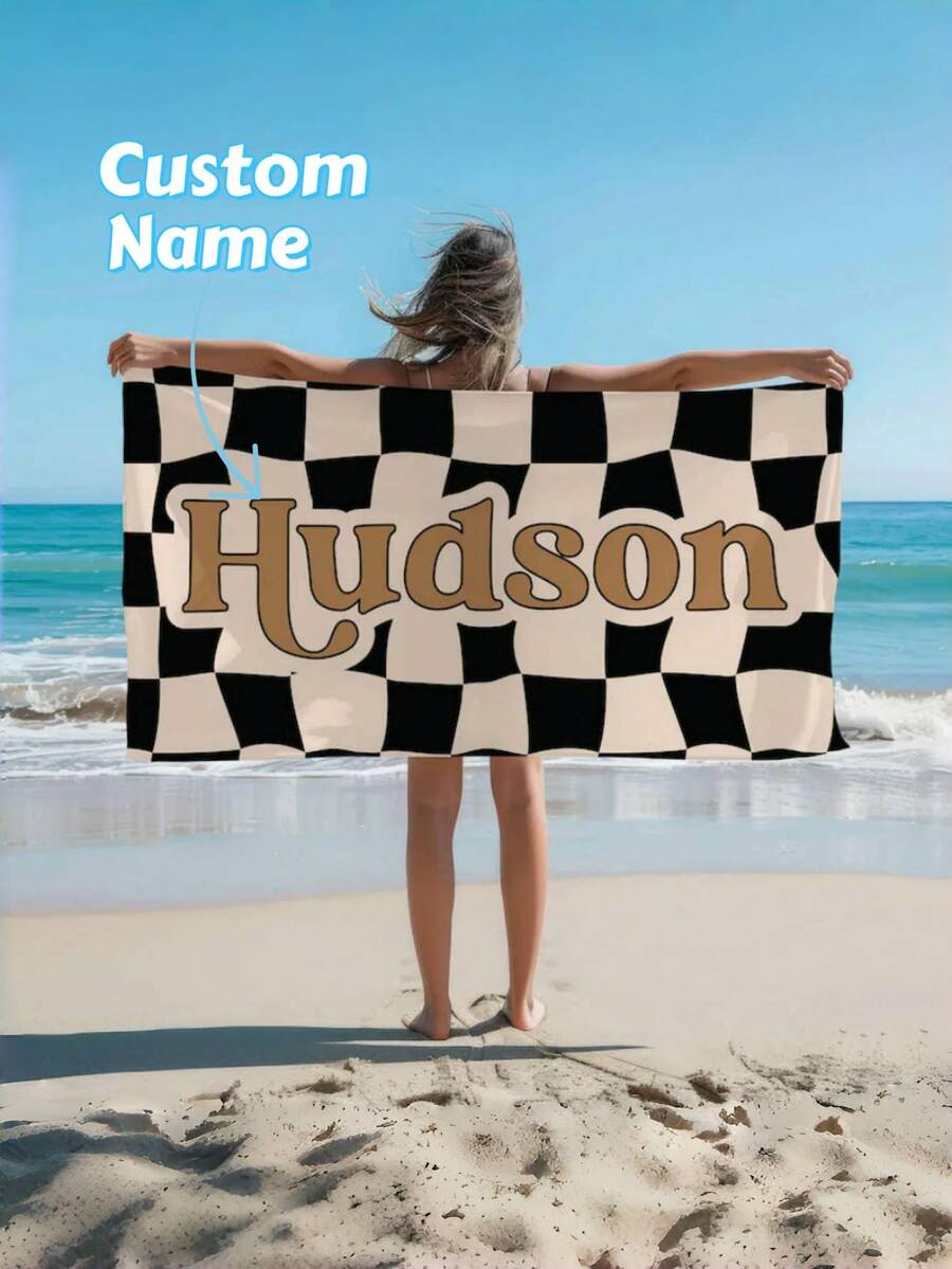 1pc Customized Name Beach Towel, Personalized Plaid Beach Towel, Personalized Text Beach Towel, Soft Quick-Dry Pool Towel, Checkered Towel, Beach Towel, Boys' Towel, Traveler Holiday Gift, Teen Pool Towel, Back To School Gift, Holiday Gift - one-size - View 1