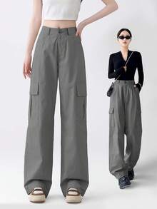 Pantalones anchos de mujer estilo cargo – Pantalón negro de dama de talle alto con bolsillos con solapa – Pantalones acampanados tipo vestir, cómodos y holgados - Gris - Ver 1