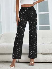 Street Women's Beaded Craft Slim Denim Straight Leg Pants.(Small Fit. Order One Size Up For Comfort.) - màu đen - Xem 1