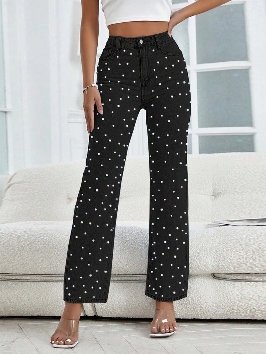 Street Women's Beaded Craft Slim Denim Straight Leg Pants.(Small Fit. Order One Size Up For Comfort.) - màu đen - Xem 1