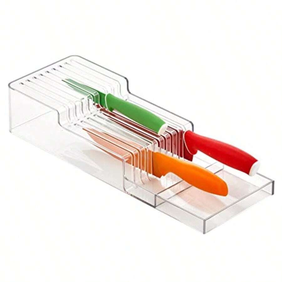 Wide 2Tier Plastic InDrawer Knife Block Storage And Organizer For Knives Holds Up To 18 Knives For Kitchen Drawers ClearW10