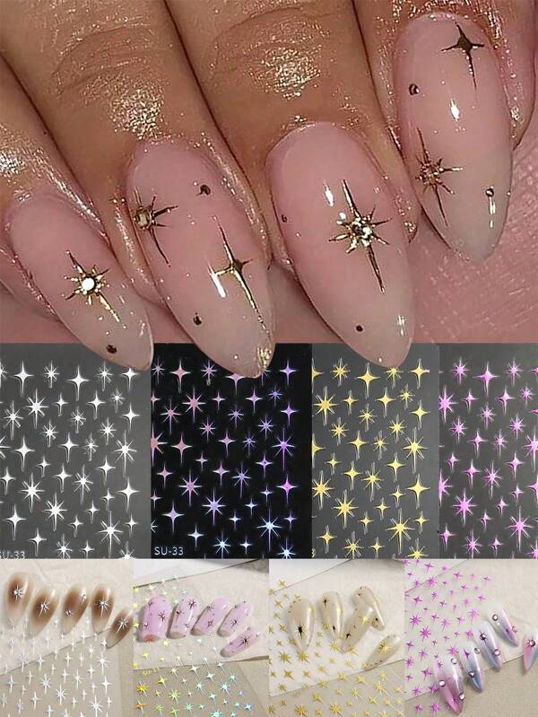 1/4 Piece Metallic Laser Gold Star Nail Sticker, French Manicure Nail Art Decor, 4-Pointed Star Nail Sticker With Adhesive Back. Apply A Layer Of Clear Nail Polish Or Sealant On Top For A More Beautiful And Longer-Lasting Nail Sticker.