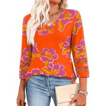 XIEERDUO 3/4 Length Sleeve Womens Tops Dressy Casual Blouses For Women 2025  V Neck T Shirts Summer Clothes - Z 橙色印花 - 查看 1
