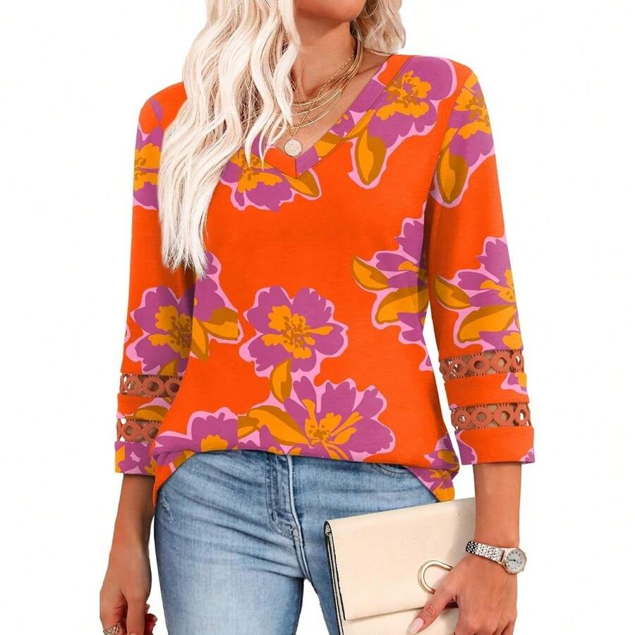 XIEERDUO 3/4 Length Sleeve Womens Tops Dressy Casual Blouses For Women 2025 V Neck T Shirts Summer Clothes - Z 橙色印花 - 查看 1