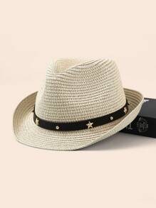 1pc Star Patchwork Bohemian Leather Strap Decorative UV Protection Woven Straw Panama Hat, Western Cowboy Sun Hat, Fashionable All-Match For Men And Women, All Seasons