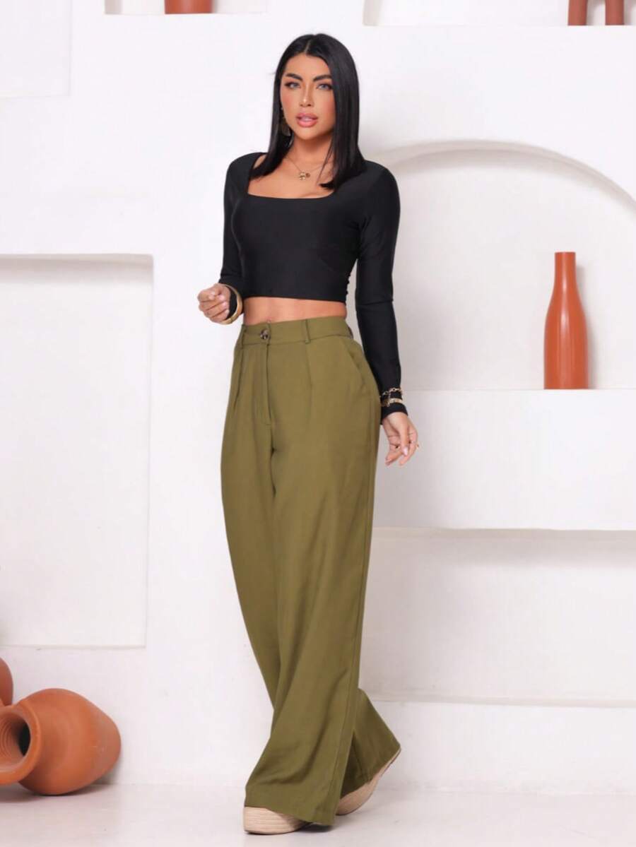 Plain Palazzo Pants With Pockets, Zipper And Buttons - xanh quân đội - Xem 1