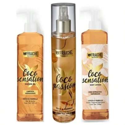 Kit Fraiche Body Coco set de tres piezas incluye jabón líquido crema y body splash 250ml aroma tropical cuidado corporal hidratante uso diario beauty paquete