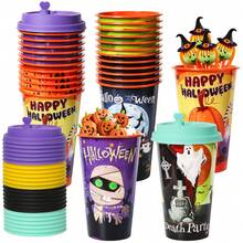 4 vasos de plástico con temas de Halloween, con diseños de murciélago, fantasma, calabaza y calavera araña, de 16 onzas, reutilizables, con tapas y pajitas, ideales como regalos de Halloween y suministros para fiestas de cumpleaños - Ver 4