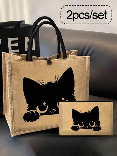 猫咪主题手提包套装：女士手提包和化妆包，包括一个黑色卡通猫咪图案手提包和一个小包/零钱包，印有猫咪、小鸟、波浪、花朵图案，沙滩手提包，时尚大容量化妆包，旅行化妆包