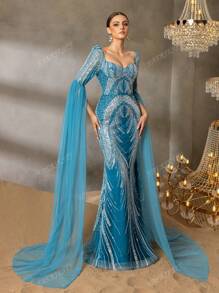 Faeriesty Faeriesty Elegant Evening Gown With Heart-Cut Neckline & Ethereal Sheer Sleeves - Mermaid Silhouette Formal Dress With Embellished Train - For Red Carpet Galas, Luxury Weddings, Diplomatic Balls