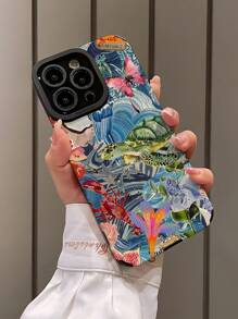 1 pieza Funda de teléfono protectora de piel sintética con patrón de tortuga verde grande y rayas verticales, compatible con Apple y 16/16PLUS/18PRO/21PROMAX