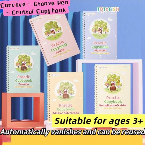 5 pièces/Ensemble Nouveau cahier de texte avec rainures pour étudiants, incluant (lettres, addition/soustraction, traits, chiffres, multiplication/division), réutilisables, cahiers amusants pour la pratique de l'écriture à la main