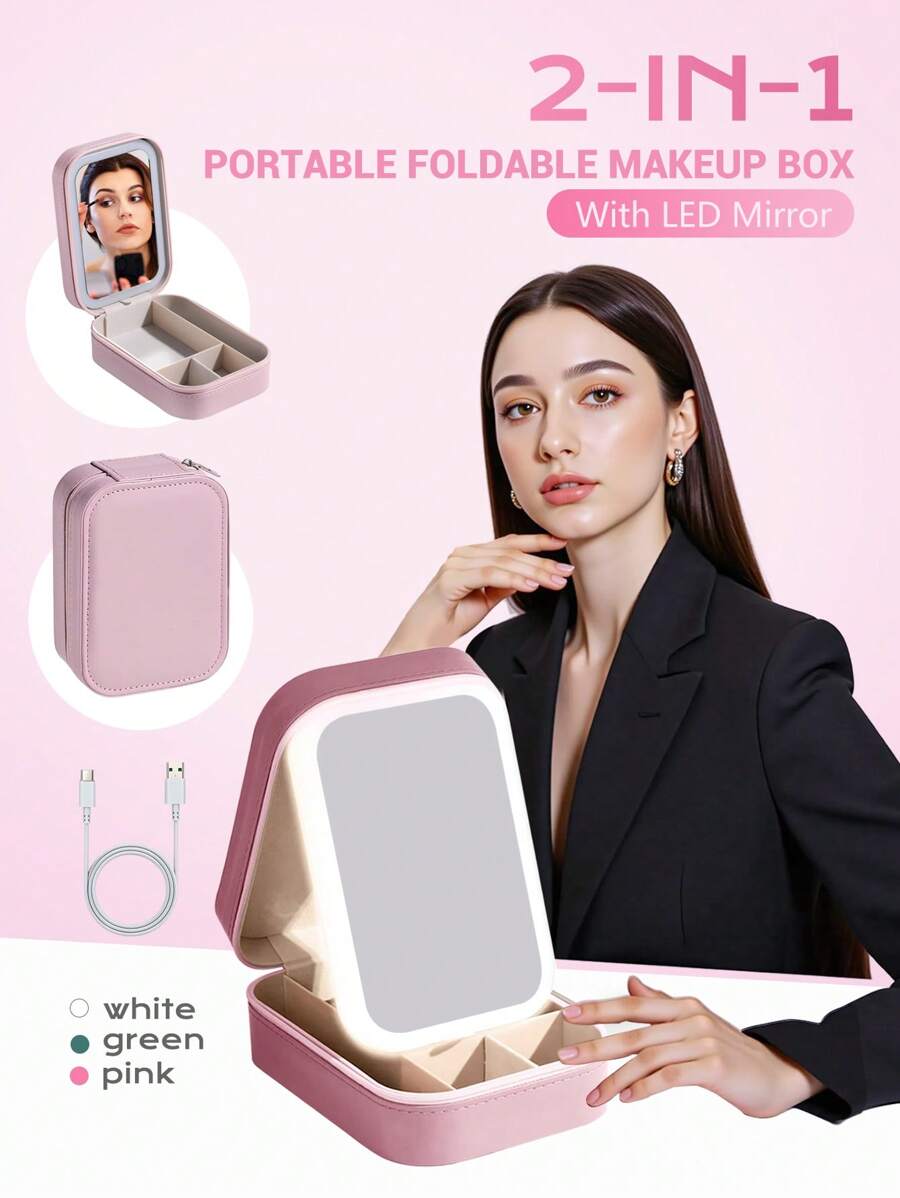YTWO Travel Cosmetic Mirror Case,LED Makeup Mirror Storage Case With 3 Adjustable Color Light Settings,Portable LED Makeup Bag With Light,Multi-Compartment Storage Box,Cosmetic Organizer, For Eyelash Station Brushes Cosmetic Tools ,On-The-Go Makeup Needs,2 In 1 Jewelry Box,For Girls Women And Travel Essential To Store Ring, Necklace, Earring