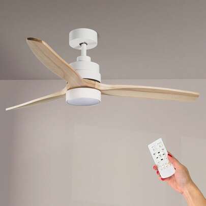  Modern Ceiling Fan With Dimmable LED Light, Ultra-Quiet DC Motor, Summer/Winter Function, 6 Speeds, Remote Control, White Wood Style – 132 Cm OstarkDom-LEDUNI