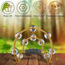 Double Row Jingles, Half Moon Musical Tambourine Double Row Handbell Tambourine Metal Jingles With Ergonomic Grip Percussion Instrument For KTV Party Church, Imitation Wood Color - 咖啡棕 - 查看 5