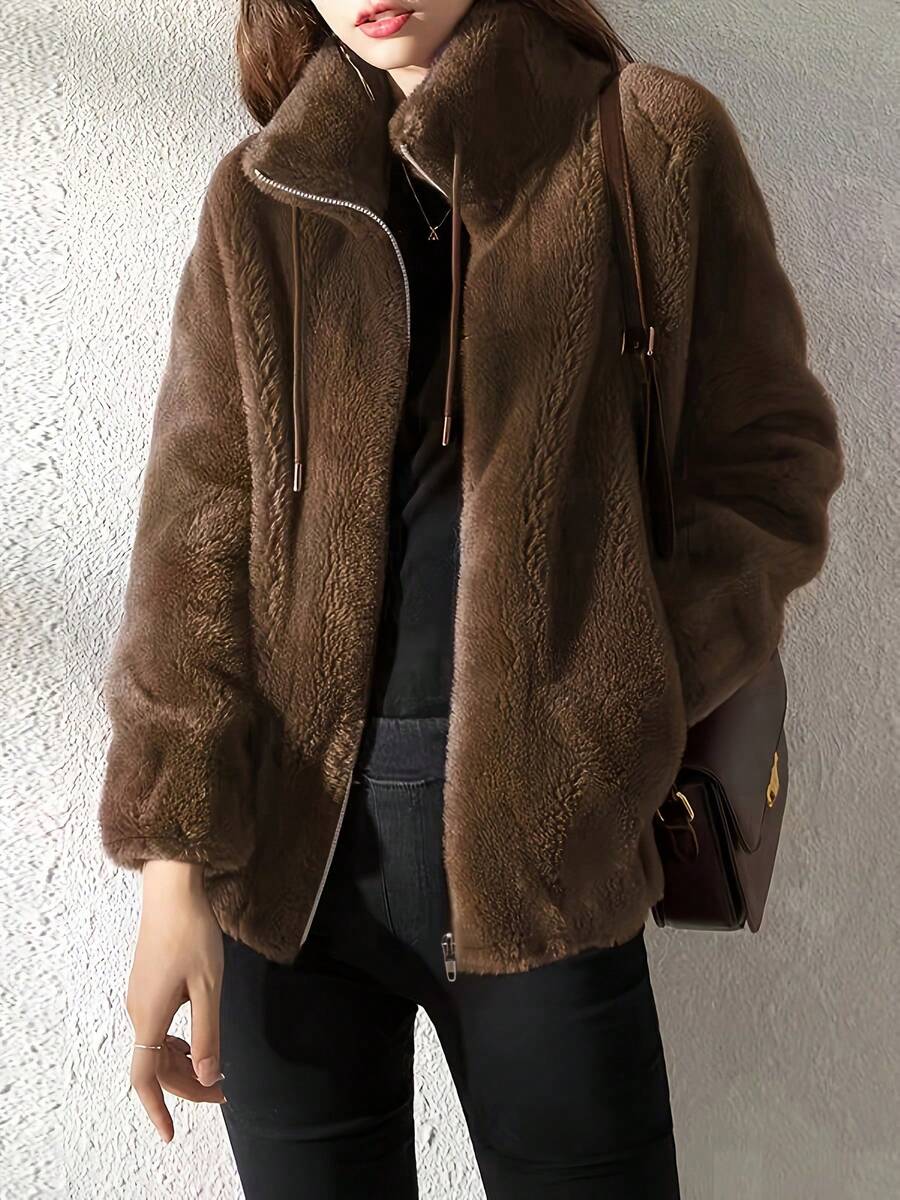 Drawstring Teddy Coat, Casual Long Sleeve Zip Up Coat