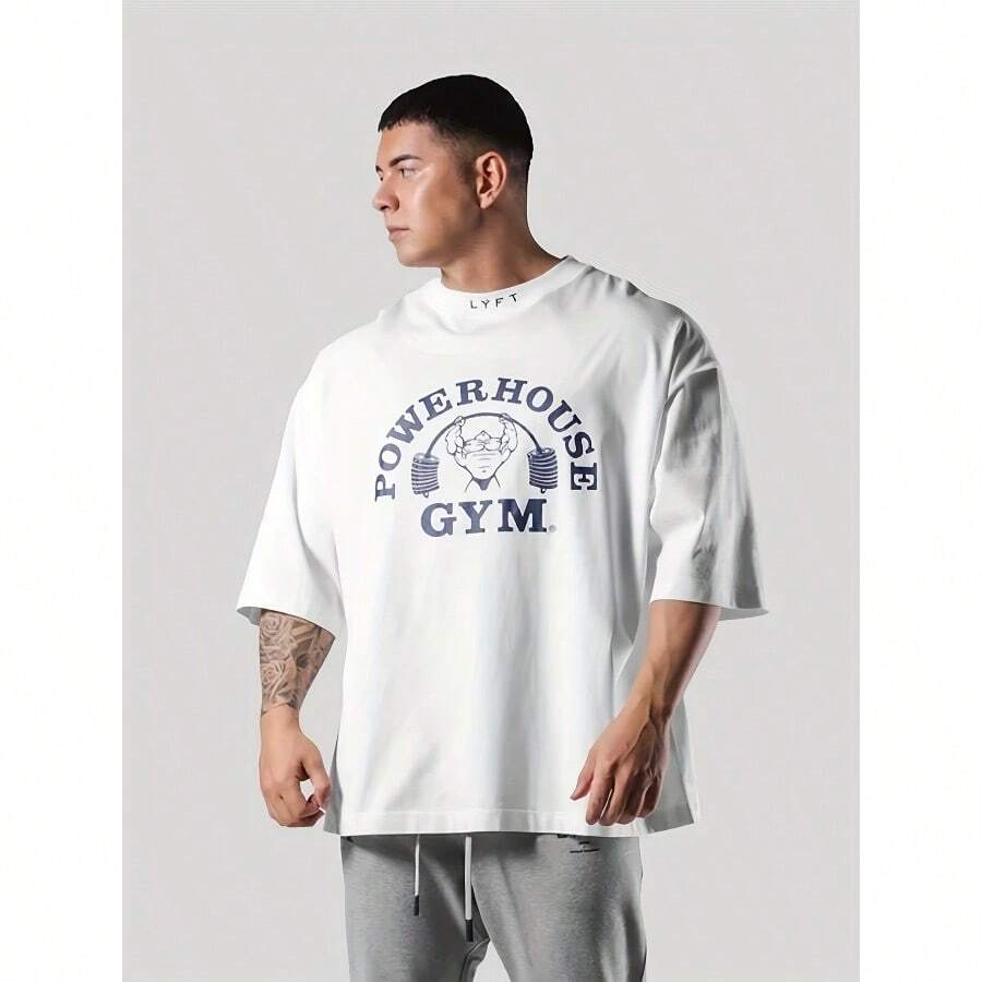 LYFT JOINT Men's Oversized Cotton T-Shirt -  Graphic Print, Loose Fit Casual Fitness Shirt For Gym, Running & Casual Attire, Breathable Short Sleeve Workout Tee, Gym Accessories - trắng - Xem 1