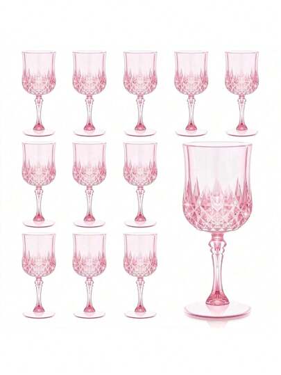 Wine Glasses Set Of 6 Vintage Embossed Reusable Wine Glasses, Heavy-Duty Champagne Cups, Juice Glasses Suitable For Parties & Weddings,Dishwasher (Plastic)