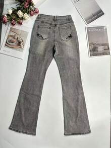 女式秋季度假风格休闲破洞紧身喇叭牛仔裤 - 淺灰色 - 查看 4