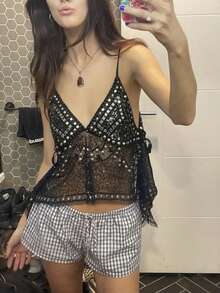 Women's Y2K Rivet Tank Tops Stylish Sequin Side Tie Sheer V Neck Crop Tops Spaghetti Straps Camisoles For Summer Streetwear Aesthetic Tops Vintage Fairy Grunge Punk Clothes - 黑色 - 查看 2