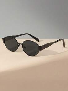 一副男女通用椭圆形金属框时尚眼镜，休闲眼镜，适合日常通勤、海滩、街头摄影 - 黑灰 - 查看 14