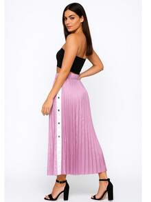 Falda larga mujer dama plisada satinada brillosa broches presión pretina elástica forro estilo street y2k urbana casual fresca día noche calor primavera verano fiesta jardín parque - Rosa - Ver 2