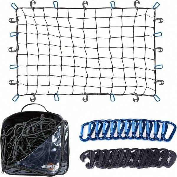 Ladeflächennetz – 3 x 4 Fuß, strapazierfähiges elastisches Netz mit 12 Haken und 12 blauen Clips und Aufbewahrungstasche für Pickups zum Schutz vor Ladung, zur Sicherung von Ladungen in Anhängern, SUVs und Dachgepäckträgern