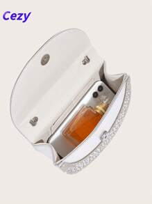 Cezy 1 pieza Elegante bolso de mano plateado de strass, forro de poliéster resistente - Correa para el hombro desmontable y cierre magnético - Clutch ligero para la noche, adecuado para bodas, fiestas y eventos formales