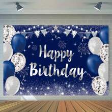 Sparkling Happy Birthday Banner Inches Silver And Navy Blue Party Background, Suitable For Male And Female Celebration Events