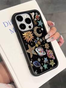 1pc New Colorful Painted Luxury Planet & Sun/Moon Pattern Litchi Texture Anti-Fall Anti-Slip Soft Phone Case Suitable Compatible With Apple & Phones