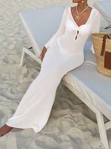 女式性感透视镂空 V 领长袖针织罩衫长裙，适合海滩度假、春夏季 - 白色 - 查看 11